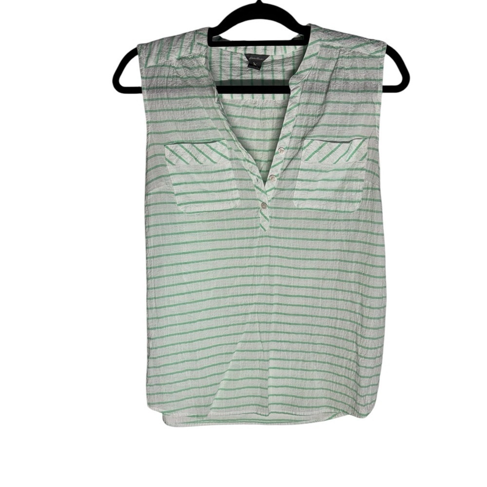 Eddie Bauer Green Striped Sleeveless V Neck Top size Small